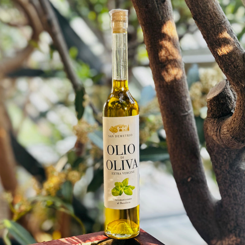 Bio Olivenöl extra vergine edel verfeinert mit Basilikum 100 ml – Flasche in Produktansicht