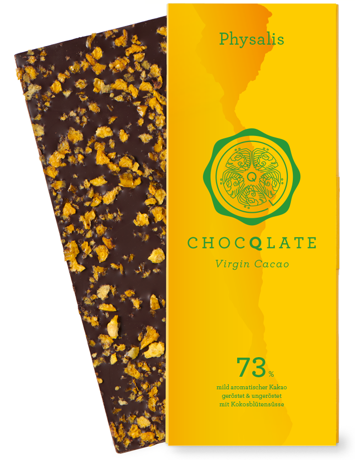 CHOCQLATE Physalis Bio Schokolade 73 % – Verpackung und Schokolade mit Physalis