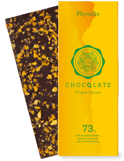 CHOCQLATE Physalis Bio Schokolade 73 % – Verpackung und Schokolade mit Physalis