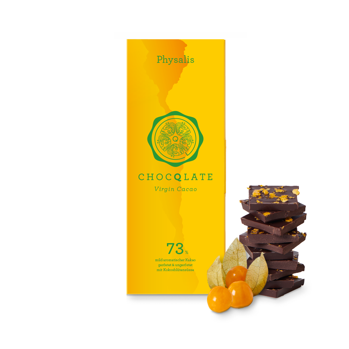 CHOCQLATE Physalis Bio Schokolade 73 % – Verpackung, Schokoladenstücke und Physalis