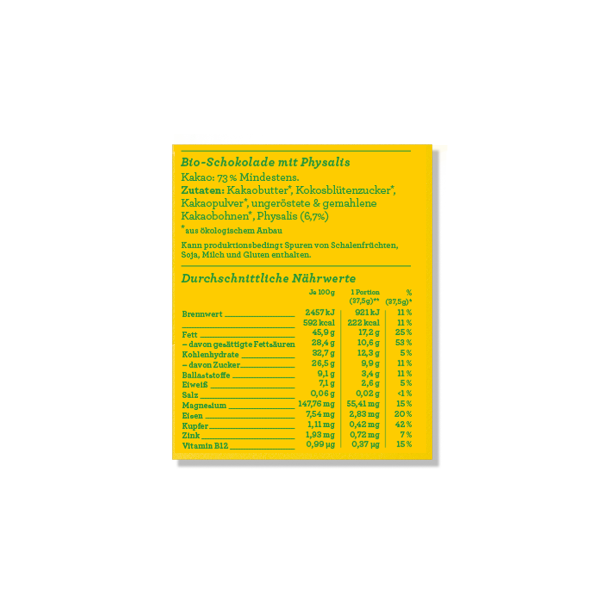 Nährwerttabelle der CHOCQLATE Physalis Bio Schokolade 73 %