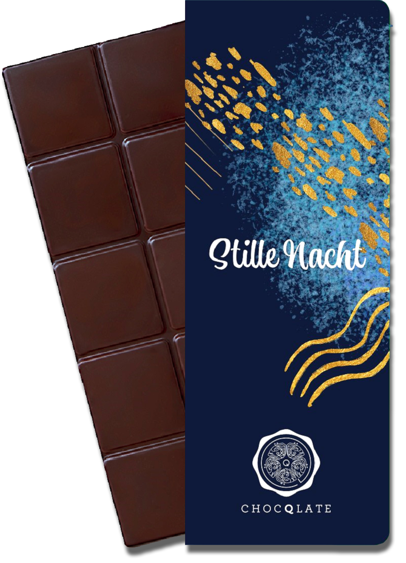CHOCQLATE „Stille Nacht“ Pure Schokolade 73 % – Verpackung und Schokolade
