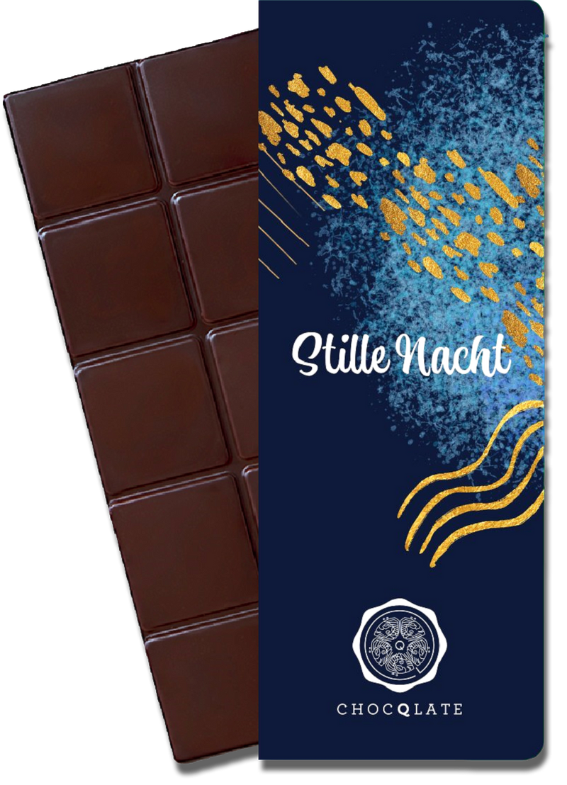 CHOCQLATE „Stille Nacht“ Pure Schokolade 73 % – Verpackung und Schokolade