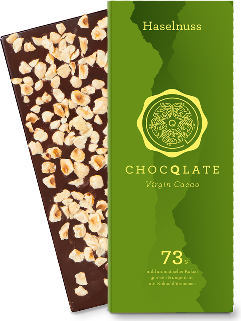 CHOCQLATE Haselnuss Bio Schokolade 73 % – Verpackung und Schokolade mit Haselnüssen