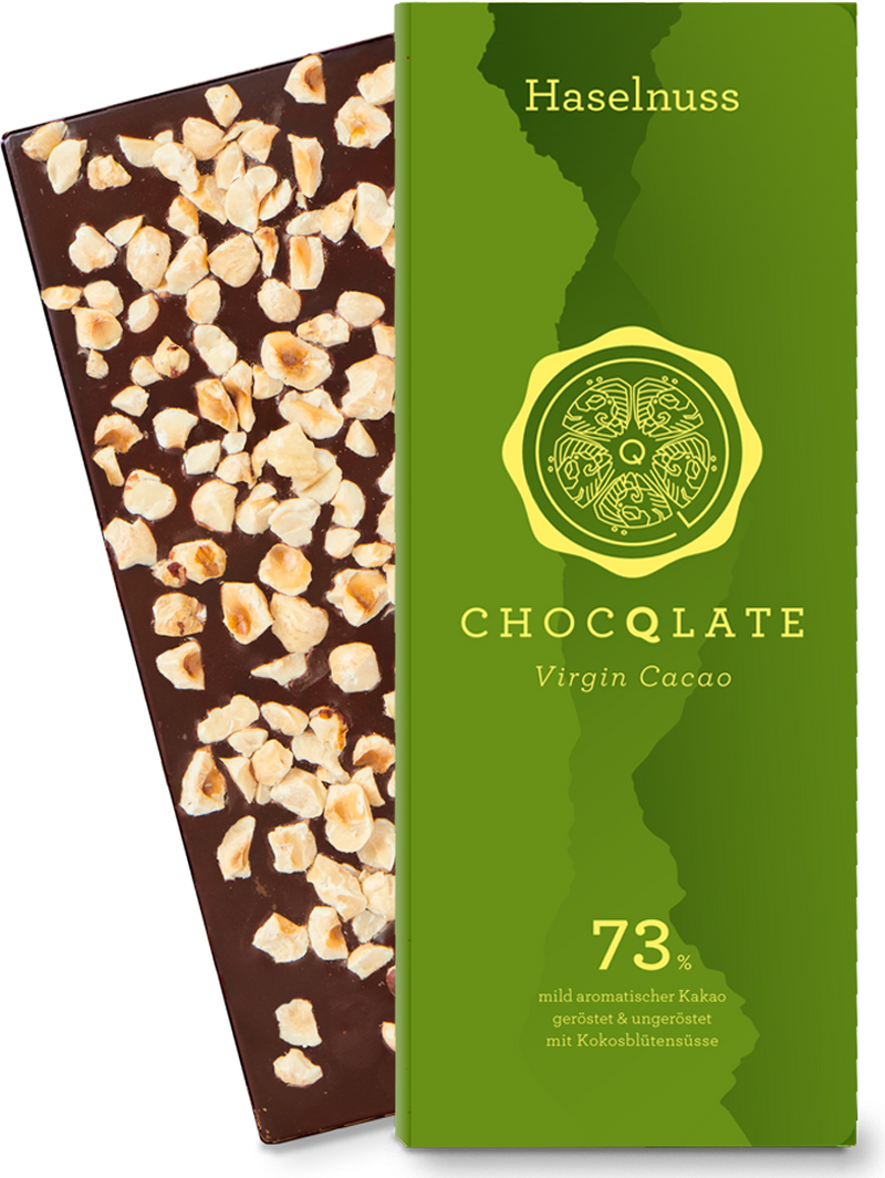 CHOCQLATE Haselnuss Bio Schokolade 73 % – Verpackung und Schokolade mit Haselnüssen