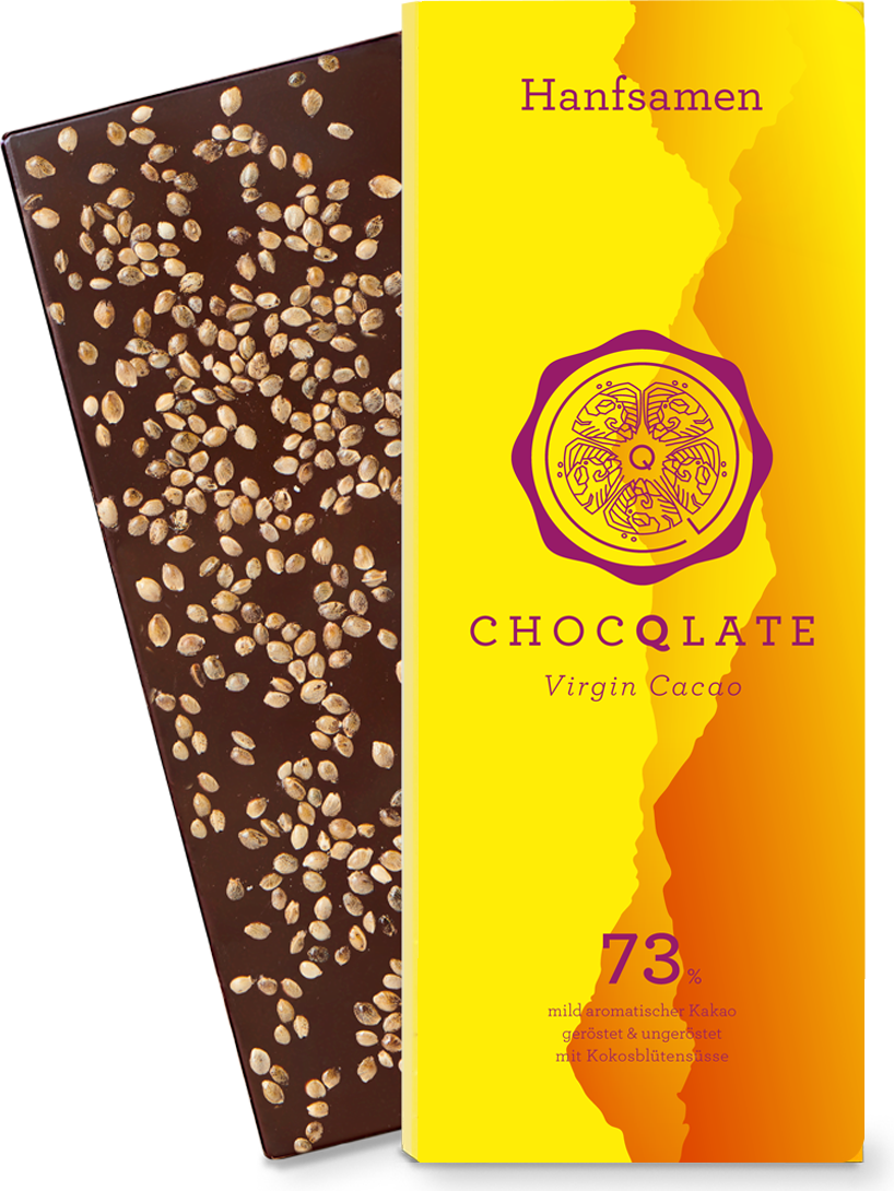 CHOCQLATE Hanfsamen Bio Schokolade 73 % – Verpackung und Schokolade mit Hanfsamen