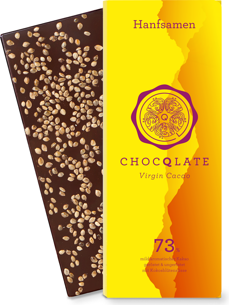 CHOCQLATE Hanfsamen Bio Schokolade 73 % – Verpackung und Schokolade mit Hanfsamen
