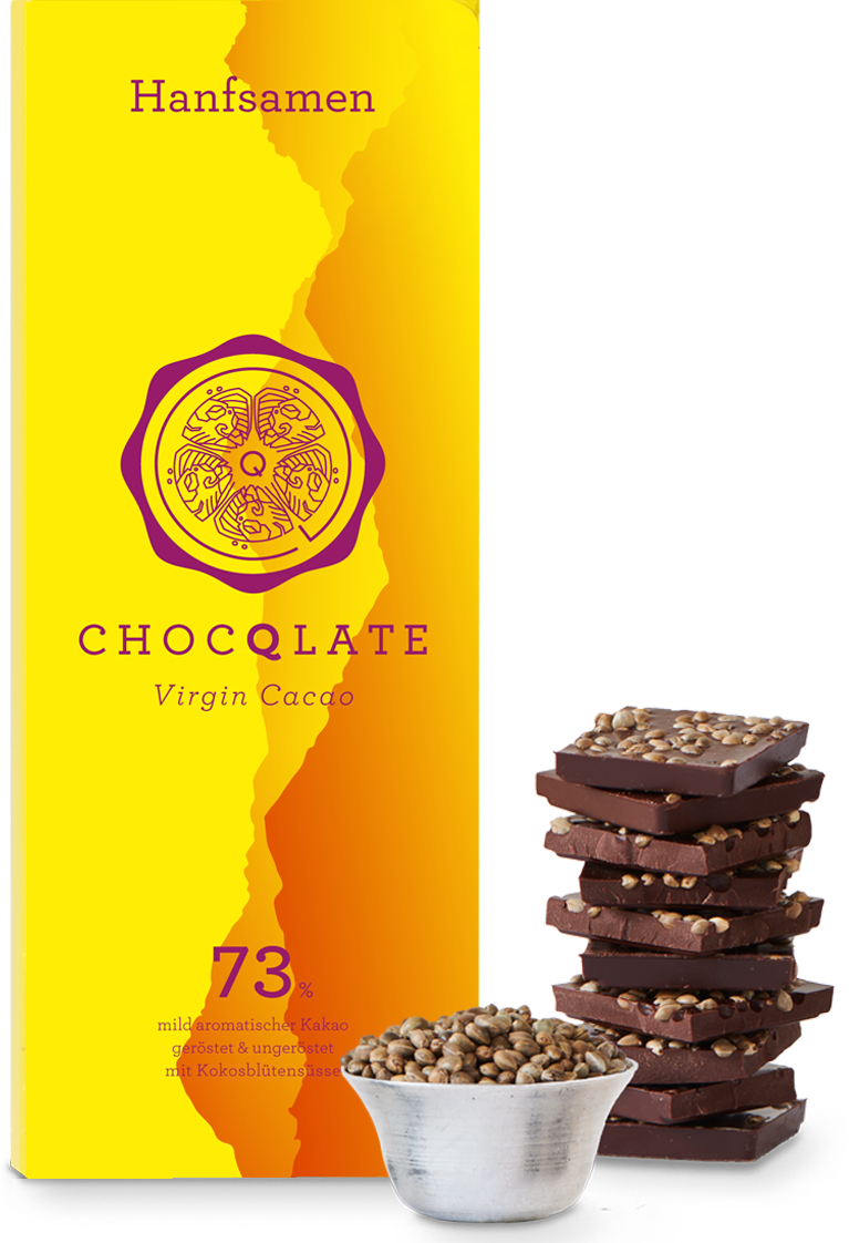 CHOCQLATE Hanfsamen Bio Schokolade 73 % – Verpackung, Schokoladenstücke und Hanfsamen