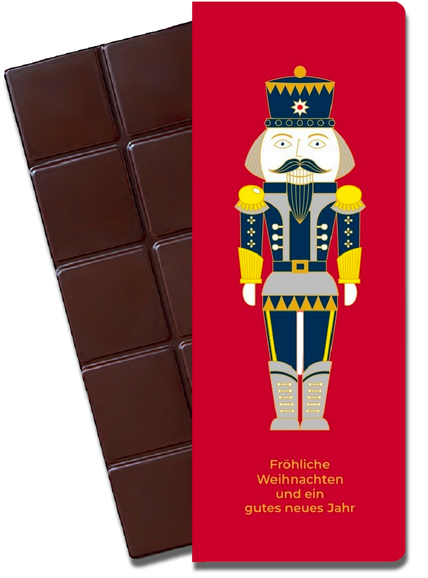 CHOCQLATE „Nussknacker“ Gewürzschokolade 73 % – Verpackung und Schokolade
