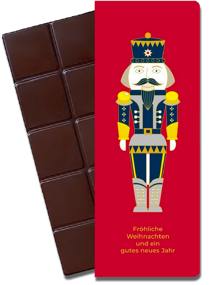 CHOCQLATE „Nussknacker“ Gewürzschokolade 73 % – Verpackung und Schokolade
