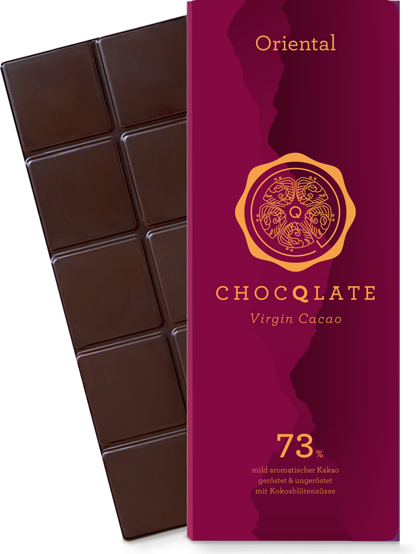 CHOCQLATE Oriental Bio Schokolade 73 % – Verpackung und Schokolade mit Gewürzen