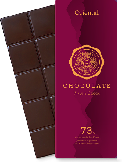 CHOCQLATE Oriental Bio Schokolade 73 % – Verpackung und Schokolade mit Gewürzen