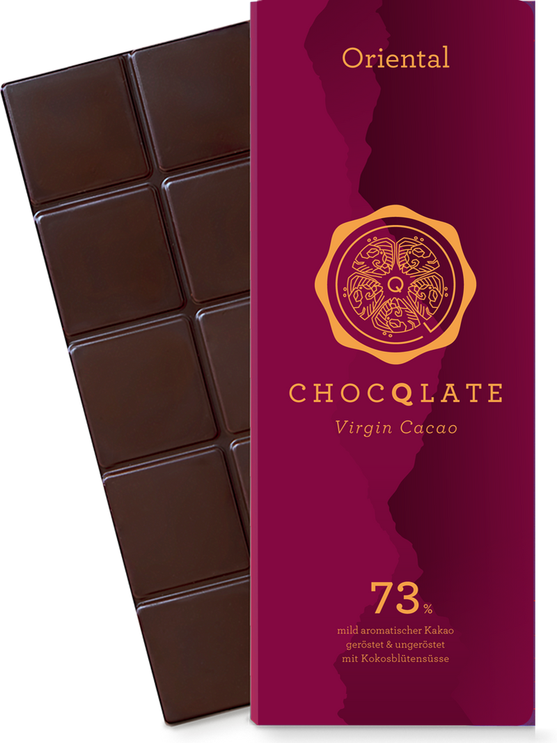 CHOCQLATE Oriental Bio Schokolade 73 % – Verpackung und Schokolade mit Gewürzen