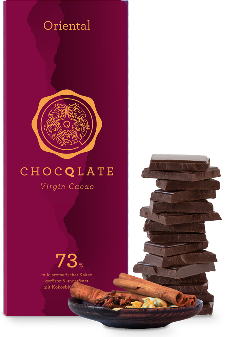 CHOCQLATE Oriental Bio Schokolade 73 % – Verpackung, Schokoladenstücke und Gewürzen