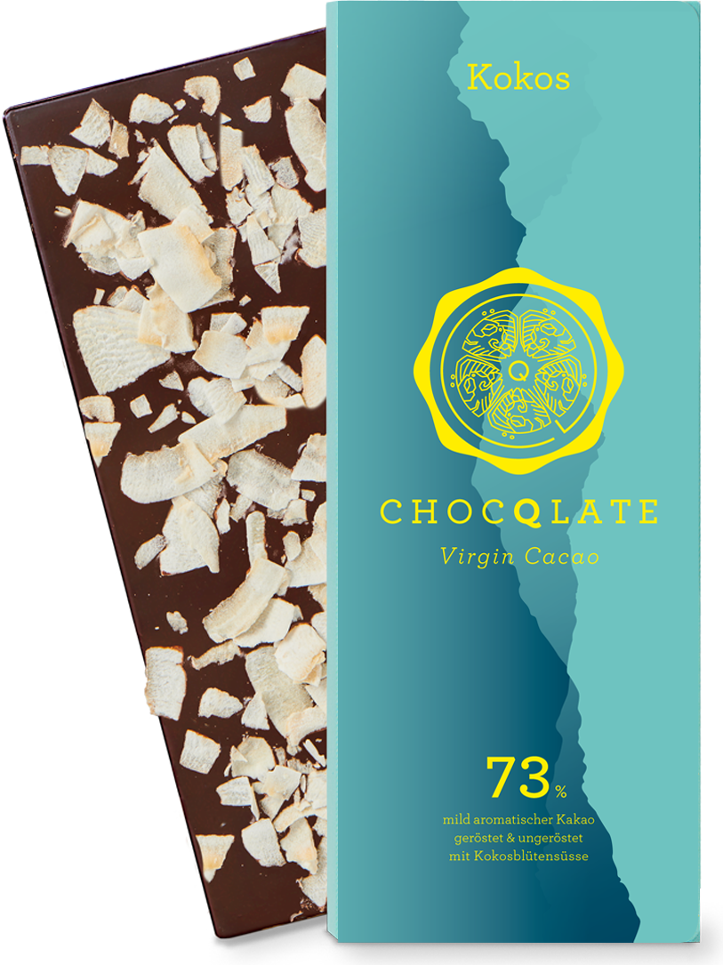 CHOCQLATE Kokos Bio Schokolade 73 % – Verpackung und Schokolade mit Kokos