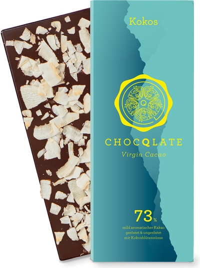 CHOCQLATE Kokos Bio Schokolade 73 % – Verpackung und Schokolade mit Kokos
