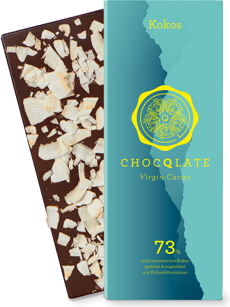 CHOCQLATE Kokos Bio Schokolade 73 % – Verpackung und Schokolade mit Kokos
