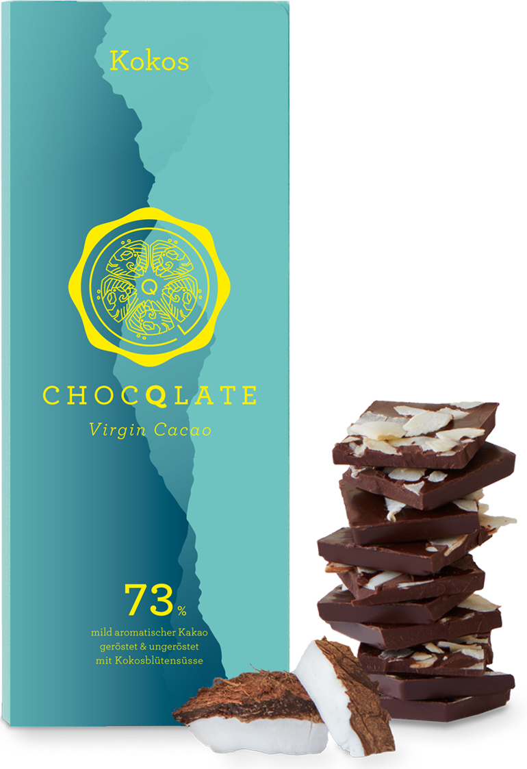 CHOCQLATE Kokos Bio Schokolade 73 % – Verpackung, Schokoladenstücke und Kokos