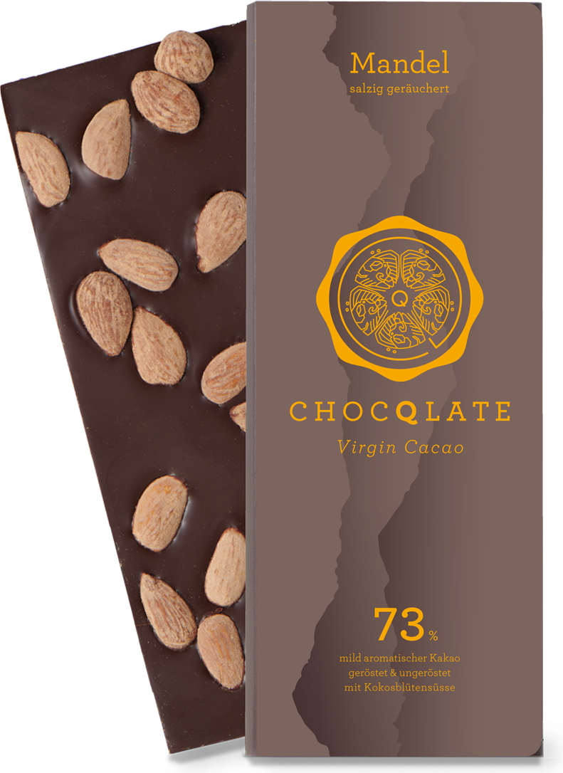 CHOCQLATE Mandel Bio Schokolade 73 % – Verpackung und Schokolade mit Mandeln