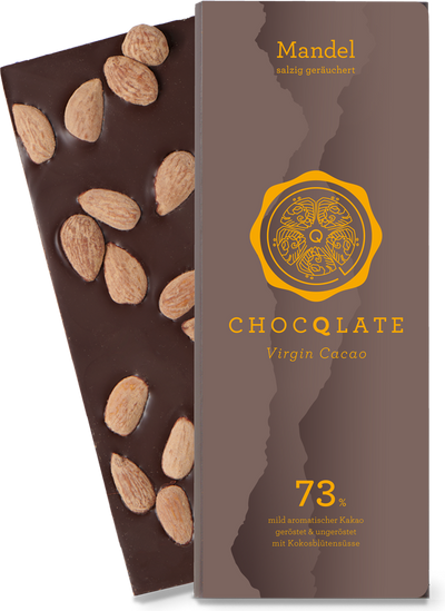 CHOCQLATE Mandel Bio Schokolade 73 % – Verpackung und Schokolade mit Mandeln