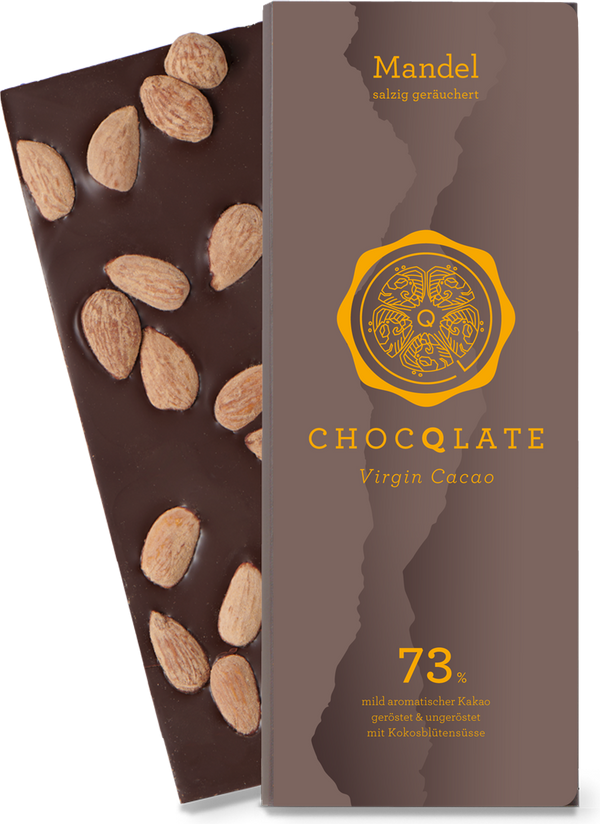 CHOCQLATE Mandel Bio Schokolade 73 % – Verpackung und Schokolade mit Mandeln