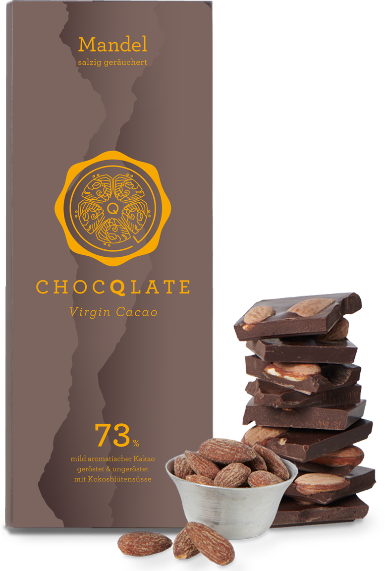 CHOCQLATE Mandel Bio Schokolade 73 % – Verpackung, Schokoladenstücke und Mandeln