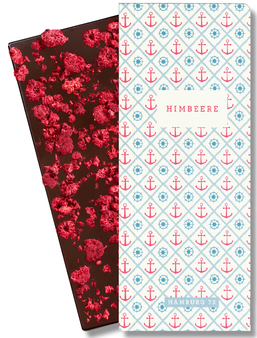 CHOCQLATE Himbeere Bio Schokolade 73 % – Verpackung und Schokolade mit Himbeeren