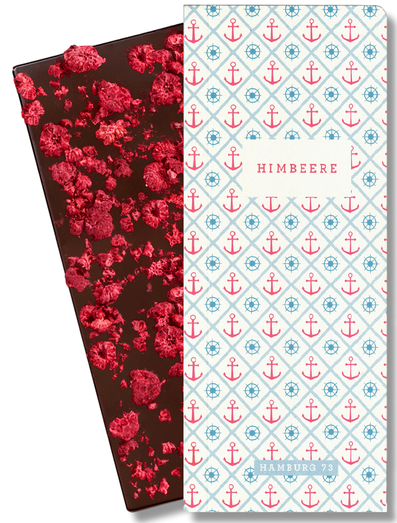 CHOCQLATE Himbeere Bio Schokolade 73 % – Verpackung und Schokolade mit Himbeeren