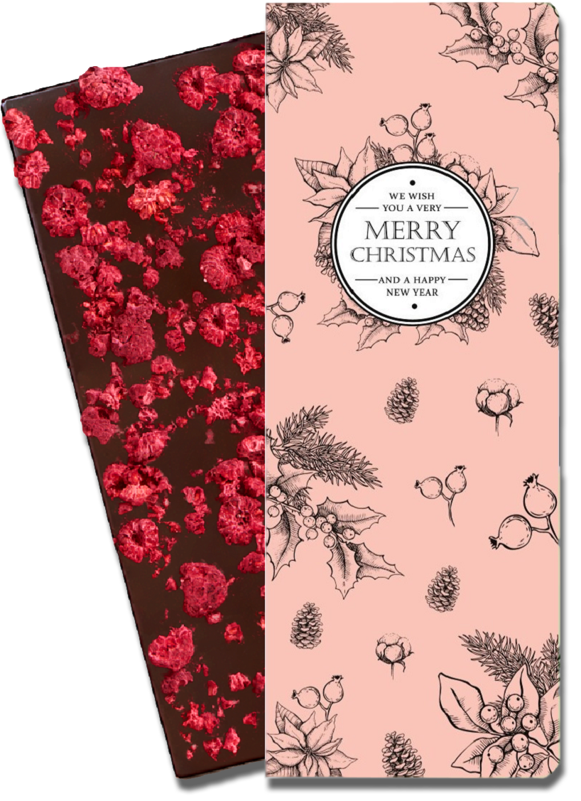 CHOCQLATE „Merry Christmas“ Himbeer Schokolade 73 % – Verpackung und Schokolade