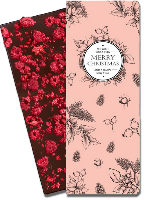 CHOCQLATE „Merry Christmas“ Himbeer Schokolade 73 % – Verpackung und Schokolade