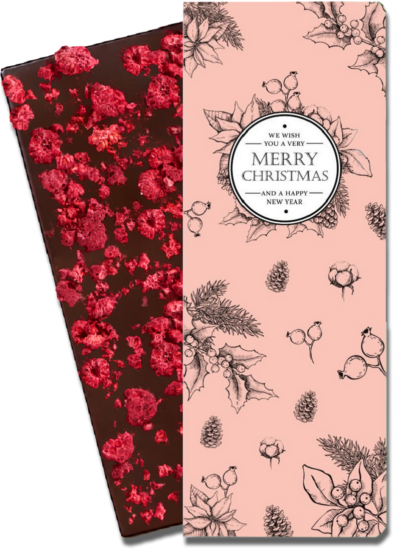 CHOCQLATE „Merry Christmas“ Himbeer Schokolade 73 % – Verpackung und Schokolade