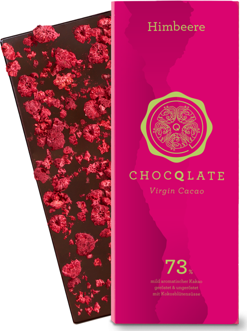 CHOCQLATE Himbeere Bio Schokolade 73 % – Verpackung und Schokolade mit Himbeeren