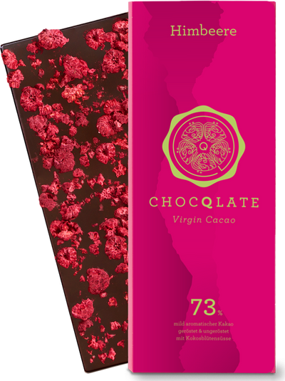CHOCQLATE Himbeere Bio Schokolade 73 % – Verpackung und Schokolade mit Himbeeren