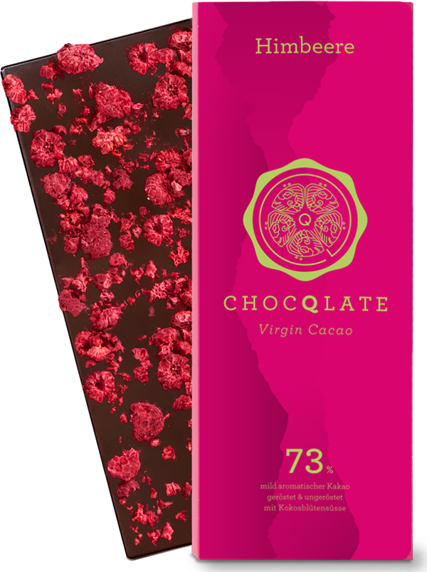 CHOCQLATE Himbeere Bio Schokolade 73 % – Verpackung und Schokolade mit Himbeeren