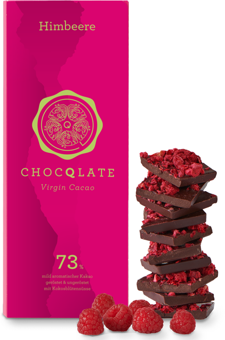CHOCQLATE Himbeere Bio Schokolade 73 % – Verpackung, Schokoladenstücke und Himbeeren