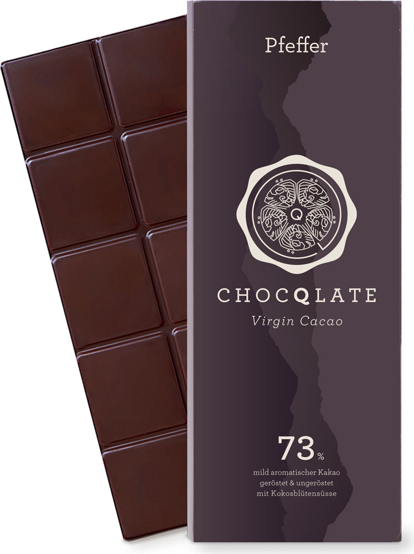 CHOCQLATE Pfeffer Bio Schokolade 73 % – Verpackung und Schokolade mit Pfeffer