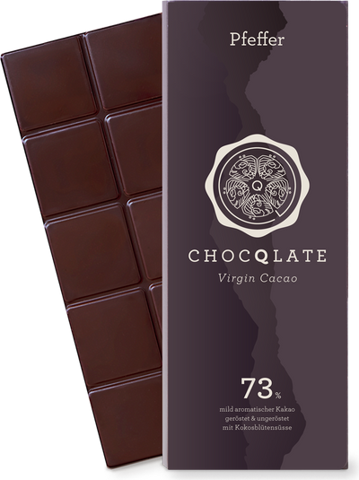 CHOCQLATE Pfeffer Bio Schokolade 73 % – Verpackung und Schokolade mit Pfeffer