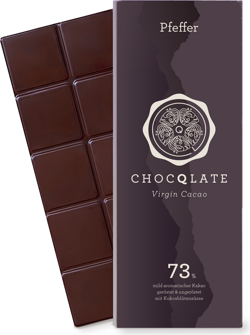 CHOCQLATE Pfeffer Bio Schokolade 73 % – Verpackung und Schokolade mit Pfeffer