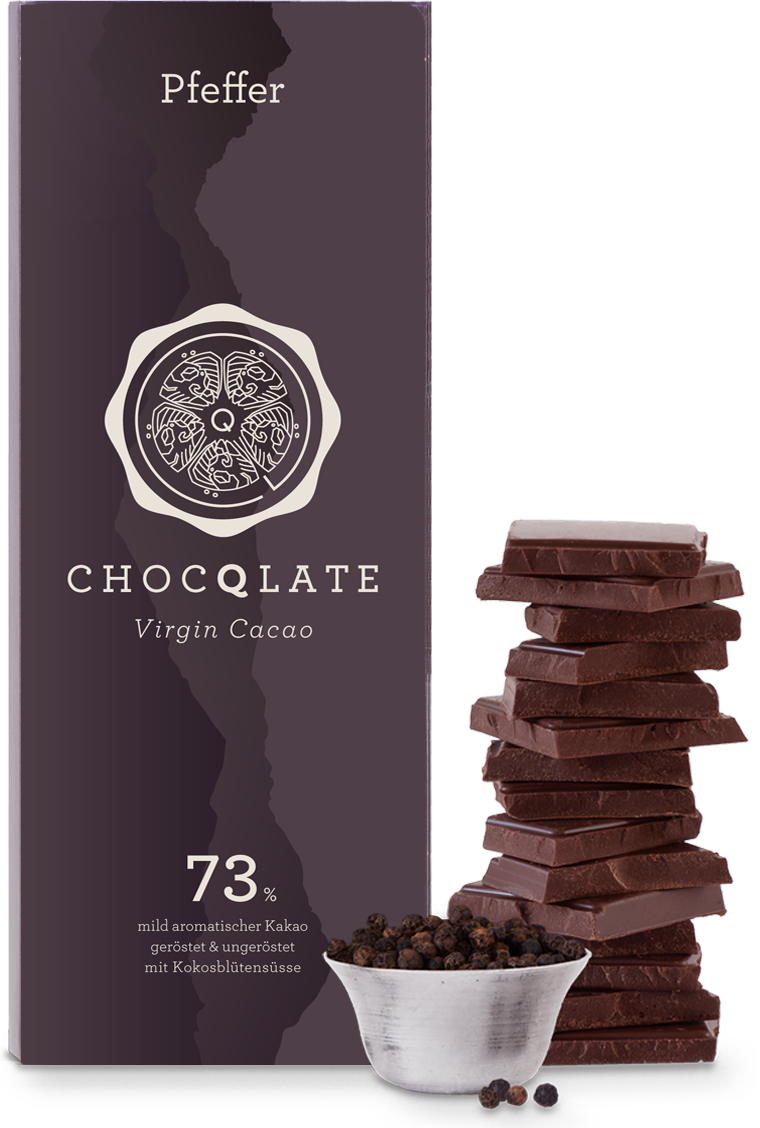 CHOCQLATE Pfeffer Bio Schokolade 73 % – Verpackung, Schokoladenstücke und Pfeffer