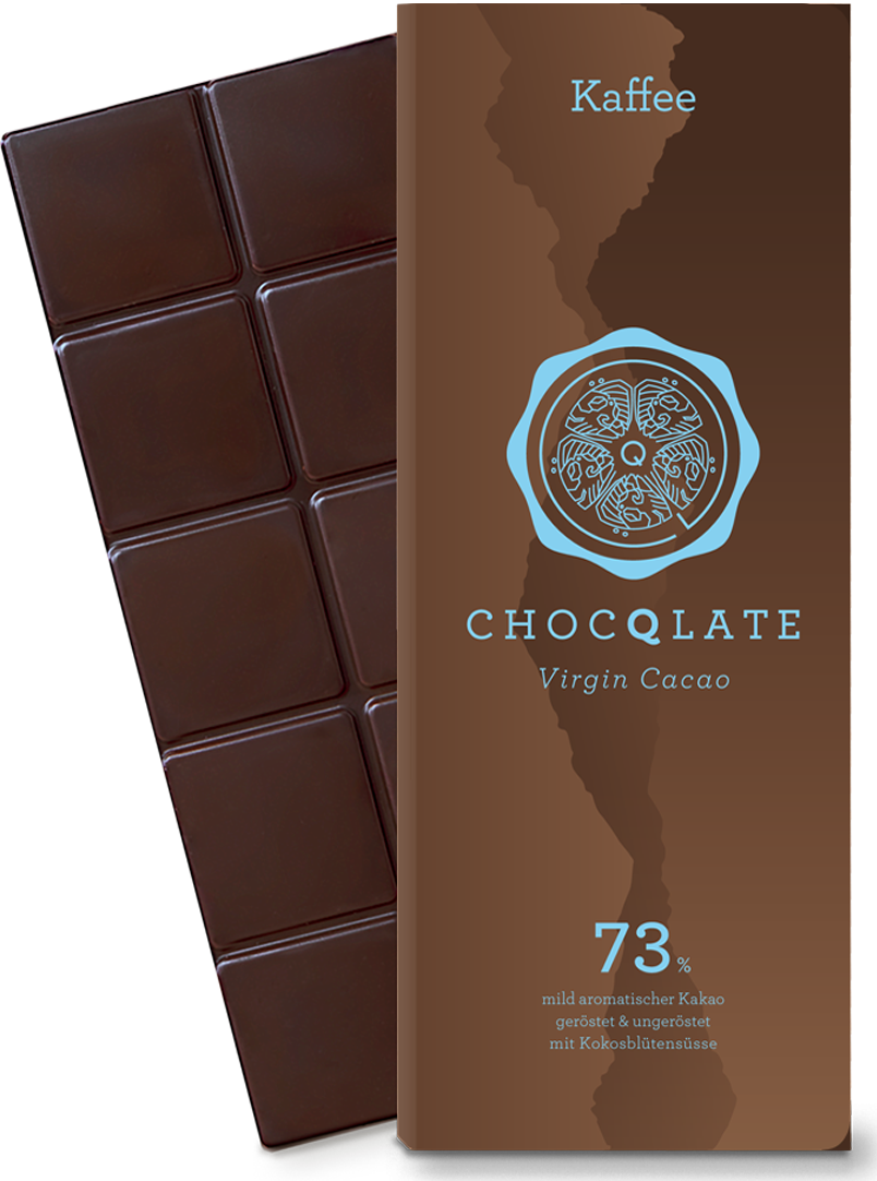 CHOCQLATE Kaffee Bio Schokolade 73 % – Verpackung und Schokolade mit Kaffee