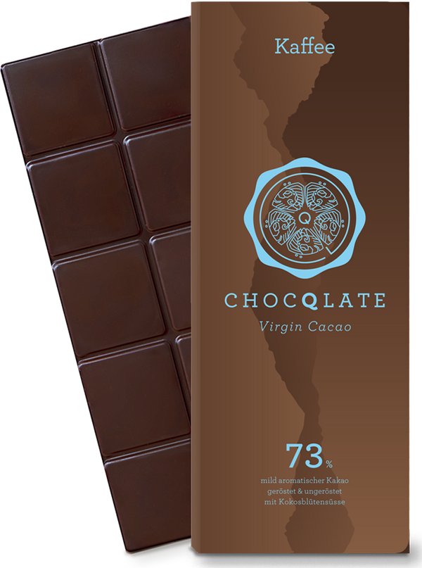 CHOCQLATE Kaffee Bio Schokolade 73 % – Verpackung und Schokolade mit Kaffee