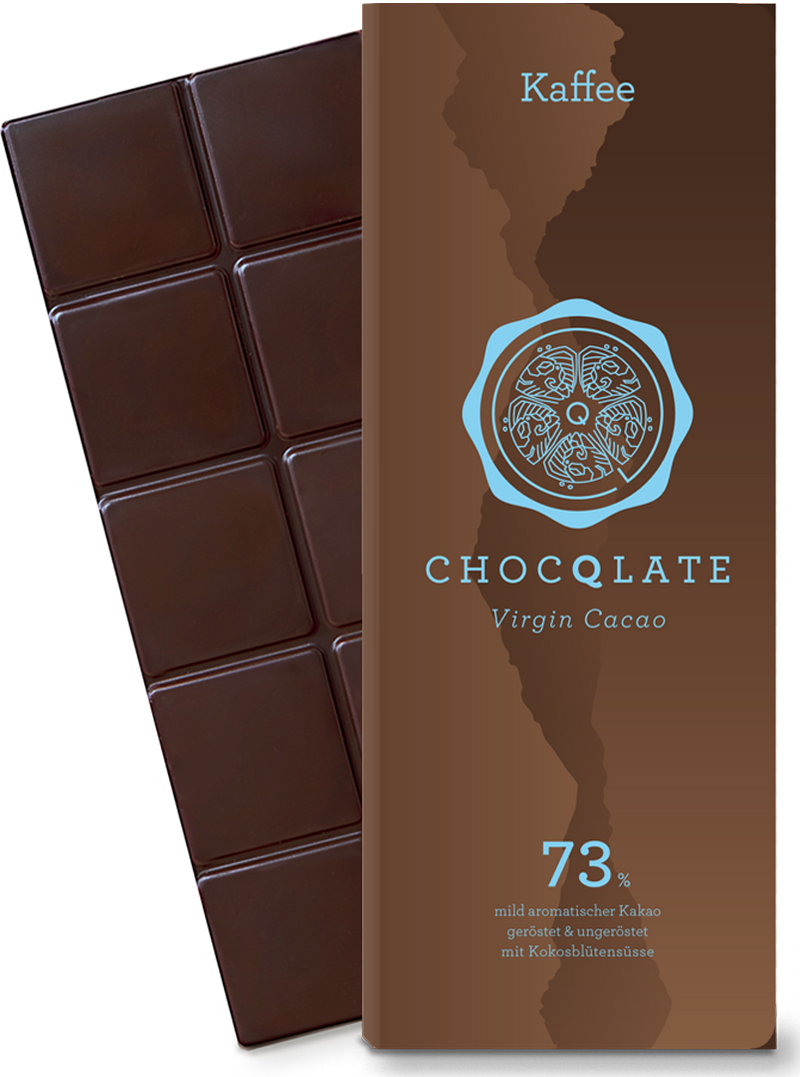 CHOCQLATE Kaffee Bio Schokolade 73 % – Verpackung und Schokolade mit Kaffee