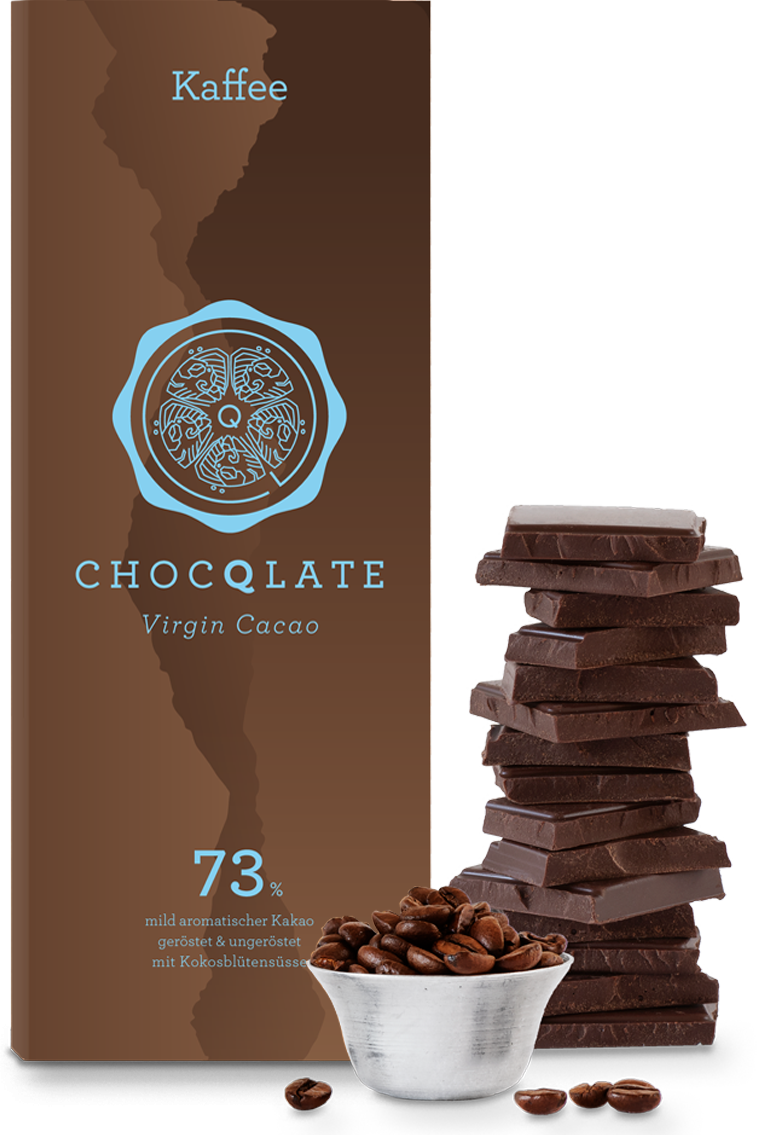 CHOCQLATE Kaffee Bio Schokolade 73 % – Verpackung, Schokoladenstücke und Kaffee