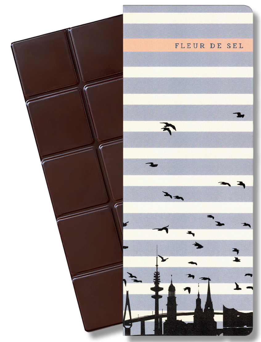 CHOCQLATE Fleur de Sel Bio Schokolade 73 % – Verpackung und Schokolade mit Fleur de Sel