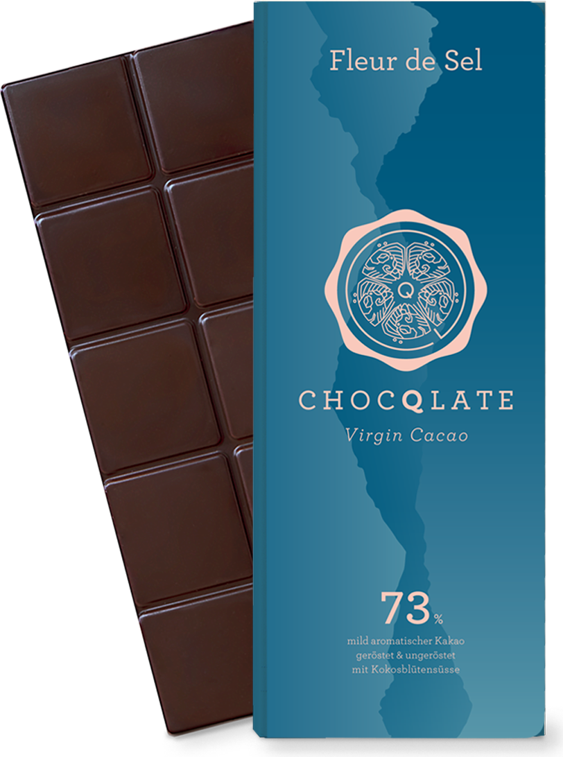 CHOCQLATE Fleur de Sel Bio Schokolade 73 % – Verpackung und Schokolade mit Fleur de Sel