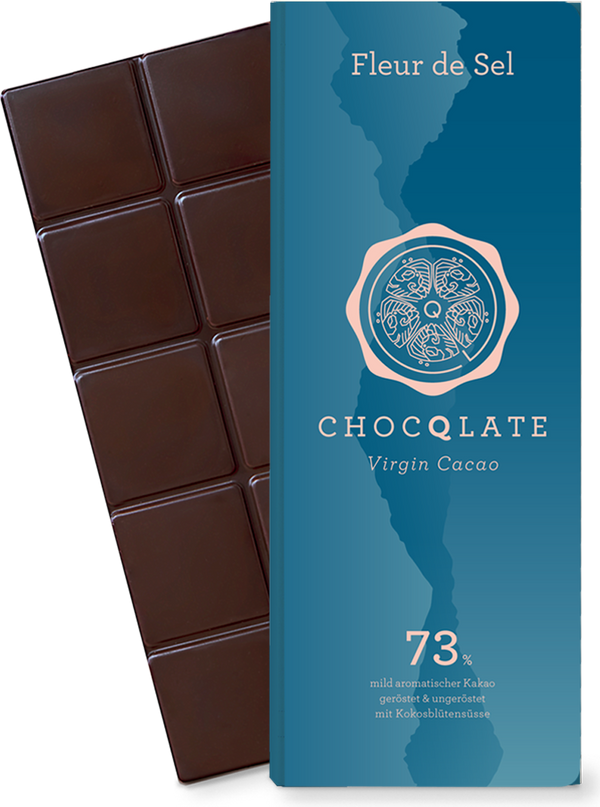 CHOCQLATE Fleur de Sel Bio Schokolade 73 % – Verpackung und Schokolade mit Fleur de Sel
