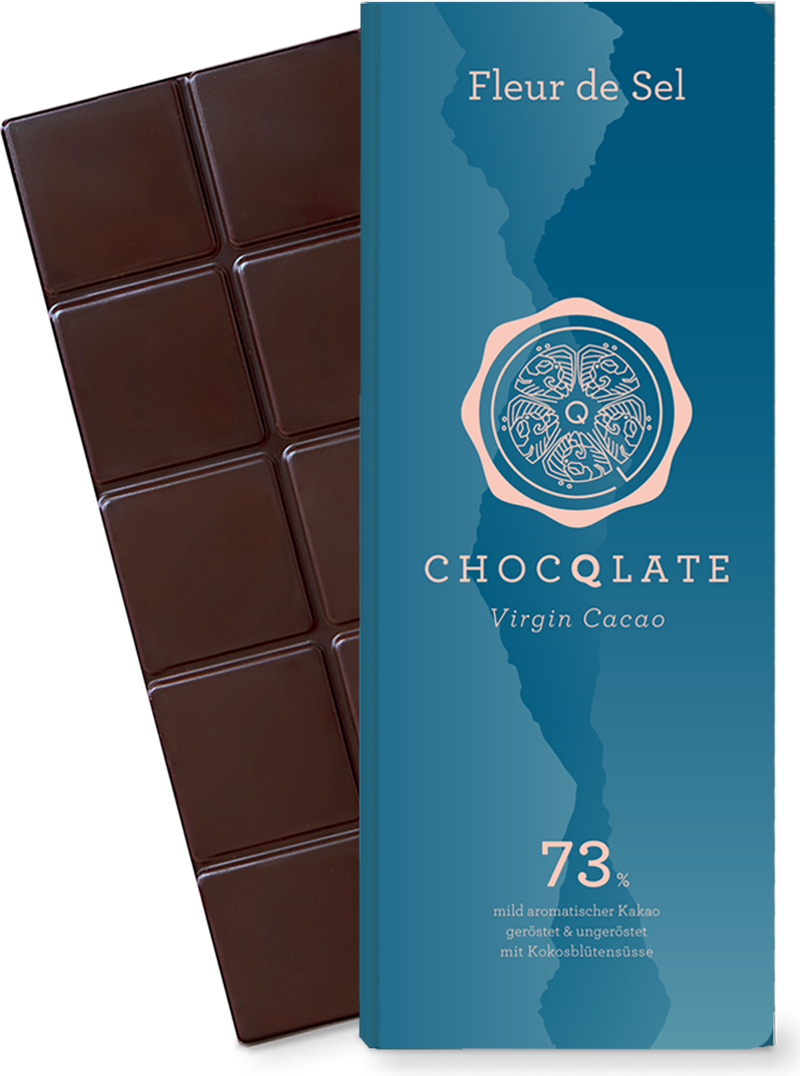 CHOCQLATE Fleur de Sel Bio Schokolade 73 % – Verpackung und Schokolade mit Fleur de Sel