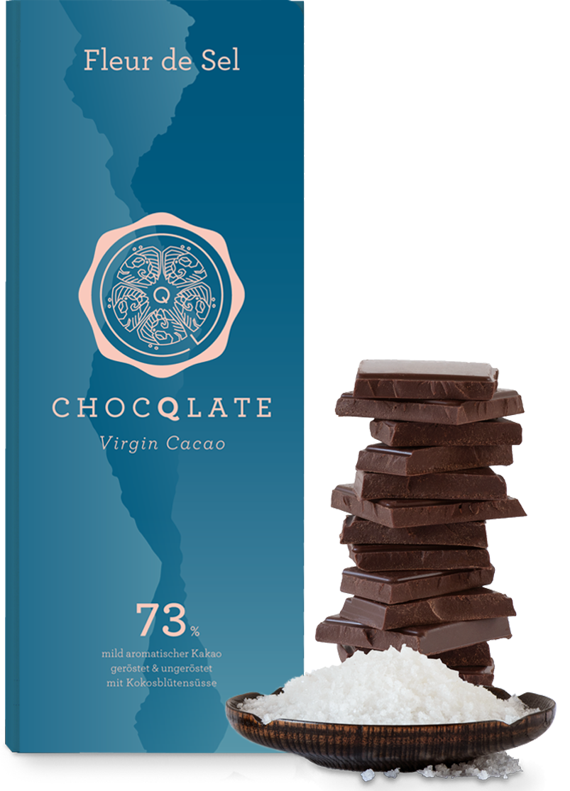 CHOCQLATE Fleur de Sel Bio Schokolade 73 % – Verpackung, Schokoladenstücke und Fleur de Sel