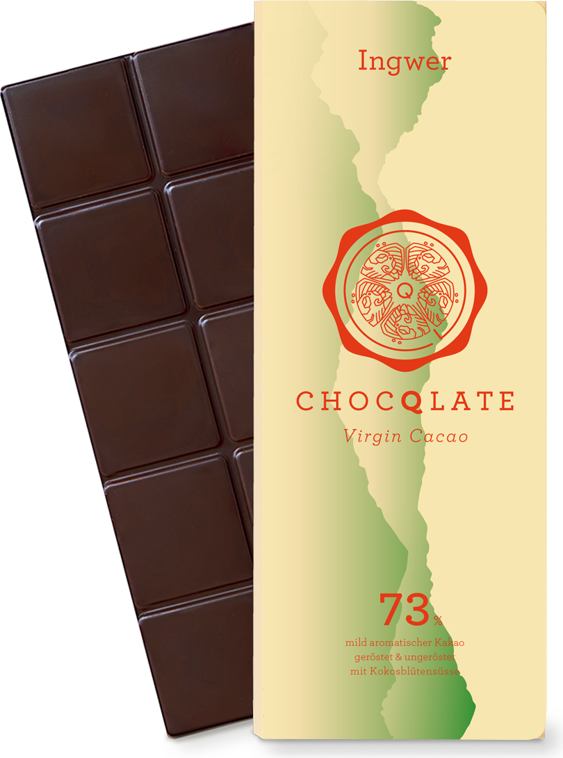 CHOCQLATE Ingwer Bio Schokolade 73 % – Verpackung und Schokolade mit Ingwer