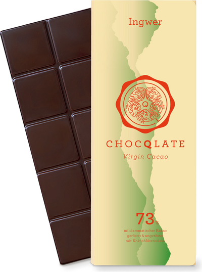 CHOCQLATE Ingwer Bio Schokolade 73 % – Verpackung und Schokolade mit Ingwer